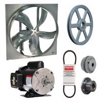 Exhaust Fan with Drive Package: Belt Drive, 24 in Blade, 1/2 hp, 6,950 cfm, 115/208-230V AC, 1 ph (MPN 7M7W3). Key specifications — Frame Finish: Zinc Plated; Assembled: Unassembled; Brand: DAYTON; Nameplate Voltage: 115/208-230V AC; Frame Material: Steel; Guard Type: None; Motor Insulation: Class B; Motor Enclosure: Totally Enclosed Fan Cooled.