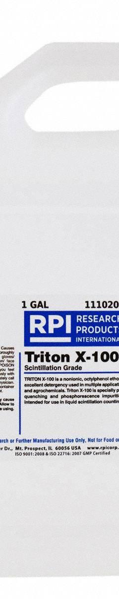 RPI Triton X-100 (Scintillation Grade): Scintillation, 1 gal Volume, 9002-93-1, Liquid (MPN 111020). Key specifications — attr1082023: RPI; attr1096259: 9002-93-1; attr1096263: Lab; attr1096278: Liquid.