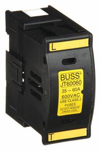 BUSSMANN Fuse Block: Finger-Safe, 1 Pole, 600 V AC, DIN Rail Mounting, Box Lug Termination (MPN JT60060). Key specifications — Brand: BUSSMANN.