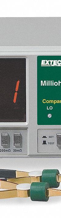 EXTECH Milli Ohmmeter: 20 microohm to 20 kiloohm, Digital, No Output, Low Resist (MPN 380560). Key specifications — Brand: EXTECH; IP Rating: Not Rated; CAT Safety Rating: Not Rated; Tester Type: Milli Ohmmeter.