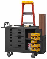 DURHAM MFG Mobile Cabinet Workbench: 52 3/4 in x 19 in, Steel, 1,200 lb Overall Load Capacity, Gray (MPN 2211-DLP-6DR-RM-9B-95). Key specifications — Included Components: Handle on Side; Assembly: Fully Assembled; Brand: DURHAM MFG.