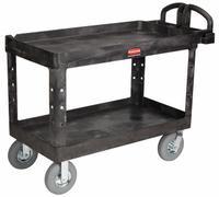 RUBBERMAID COMMERCIAL PRODUCTS Utility Cart: 750 lb, 2 Shelves, 47 in L x 25 in W Self, Black (MPN FG454610BLA). Key specifications — Shelf Color: Black; Brand: RUBBERMAID COMMERCIAL PRODUCTS; Caster/Wheel Configuration: (2) Swivel.