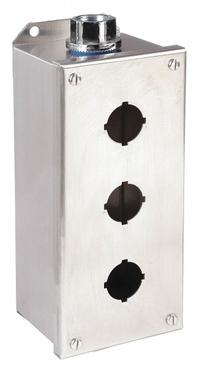 SCHNEIDER ELECTRIC Push Button Enclosure: 30mm, 3 Holes, 304 Stainless Steel, NEMA 1/12/3/4/4X (MPN 9001KYSS3). Key specifications — attr211299: SCHNEIDER; attr1043605: Indoor Dust & Water Droplets.