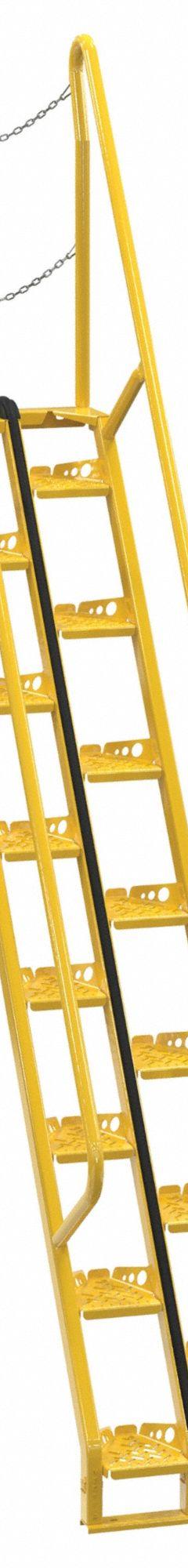 VESTIL Alternating Tread Stairs: 12.5 ft Overall Ht, Steel, 350 lb Load Capacity, Perforated (MPN ATS-9-56). Key specifications — Color: Yellow; Brand: VESTIL.