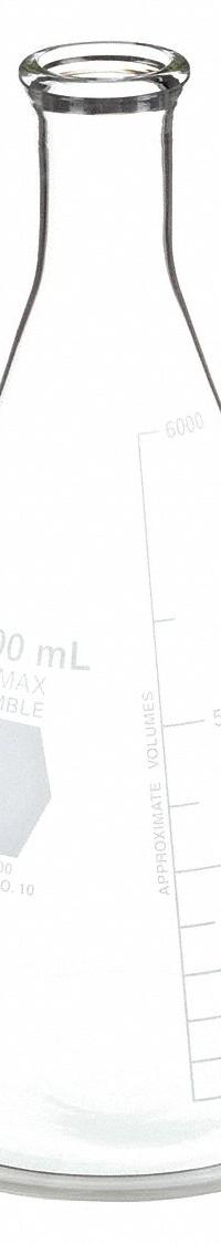 KIMBLE Erlenmeyer Flask: 6 L, Colorless, Conical, A, 13 Compatible with Stopper Size (MPN 26500-6000). Key specifications — Shape: Conical; Body Color: Colorless; Brand: KIMBLE; Compatible with Stopper Size: 13; USP Specification: Type I.