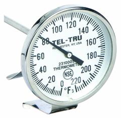 TEL-TRU Laboratory Dial Thermometer: 0°F to 220°F, +/- 1% Accuracy, 8 in Stem Lg, Fahrenheit (MPN LT225R-8/23100856). Key specifications — Accuracy: +/- 1%; Brand: TEL-TRU; Temperature Units: Fahrenheit.
