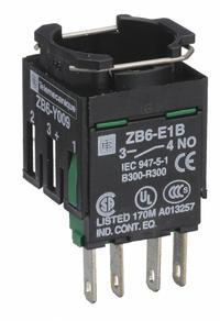 SCHNEIDER Contact Block: 16 mm Panel Mounting Size, 1NO, Momentary, ZB6 Series, Faster Connector (MPN ZB6Z1B). Key specifications — Switch Action: Momentary; Terminal Connection Type: Faster Connector; Brand: SCHNEIDER; Compatible with Series: ZB6.