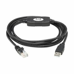 EATON TRIPP LITE Rollover Console Cable: 6 ft Overall Lg, RJ45 Male, USB A Male, Shielded, Black (MPN U009-006-RJ45-X). Key specifications — Jacket Color: Black; Jacket Material: PVC; Shielded: Shielded; Brand: EATON TRIPP LITE; Compatible Product Type: USB Port.