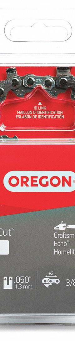 OREGON Chainsaw Chain: 20 in Compatible Bar Lg, 3/8 in, 0.05 in Gauge, 70 Links, 7/32 in File Size (MPN D70). Key specifications — attr977596: OREGON; attr977598: Western Auto; attr977603: 3/8 in.