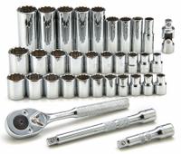 PROTO Socket Wrench Set: 3/8 in Drive, 34 Piece, 12-Point, Metric/SAE (MPN J52230). Key specifications — attr1224269: 3/8 in; attr1204638: Drive Tools Included; attr1204650: 5/16 in to 7/8 in; attr1204673: Socket Bits Not Included; attr1204681: Wrenches Not Included; attr1204688: PROTO; attr1206170: Standard Sockets.