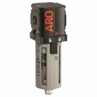 ARO Filter: Std, 1/4 in NPT, 5 micron, 49 scfm, 150 psi Max Op Pressure, Plastic Bowl, Auto Drain (MPN F35121-401). Key specifications — attr110055: Series 1000; attr111567: Standard; attr110008: ARO.
