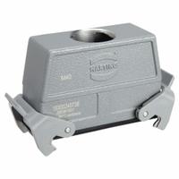 HARTING M40 Rectangular Connector Housing: Size 24 B, Cable to Cable Mount, Gray, Aluminum Die-Cast (MPN 19300240738). Key specifications — IP Rating: IP65; Size Designation: 24 B; Cable Entry Thread Size: M40; Seal Material: NBR; Locking Type: Dual Lever; Brand: HARTING; Primary Material: Aluminum; Operating Temperature Range: -40 to 125 Degrees C.