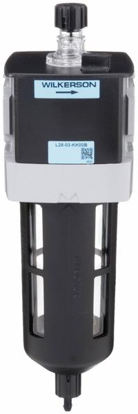 WILKERSON Compressed Air Lubricator: Micro Mist, 3/8 in NPT, 110 cfm, 150 psi Max Op Pressure, Knob (MPN L28-03-KK00B). Key specifications — attr111774: Aluminum; attr111402: L28; attr111761: WILKERSON.