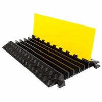 GUARDIAN FLOOR PROTECTION Cable Protector: 5 Channels, Hinged, 1 1/2 in Max Cable Dia, 19 3/4 in Wd (MPN DH-CP-2). Key specifications — Brand: GUARDIAN FLOOR PROTECTION; Color: Black/Yellow; Component: Cable Ramp-Straight Section; Material: Rubber.