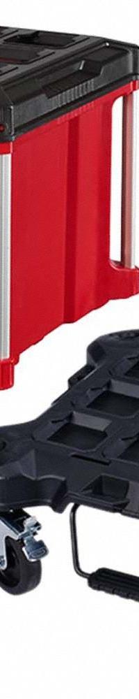 MILWAUKEE PACKOUT Cart and Tool Box: Polymer, Black/Red, 22 1/4 in W x 14 1/4 in H x 14 1/4 in D (MPN 48-22-8443, 48-22-8410). Key specifications — attr1117293: MILWAUKEE; attr1117310: Padlock; attr1117382: Polymer; attr1117383: Red; attr1117271: (1) Dolly.