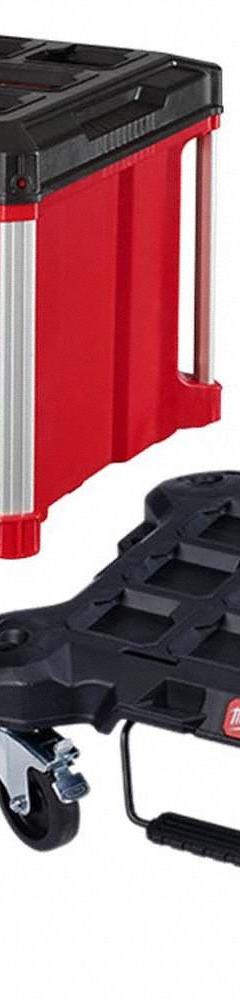 MILWAUKEE PACKOUT Cart and Tool Box: Polymer, Black/Red, 22 1/4 in W x 14 1/4 in H x 14 1/4 in D (MPN 48-22-8443, 48-22-8410). Key specifications — attr1117293: MILWAUKEE; attr1117310: Padlock; attr1117382: Polymer; attr1117383: Red; attr1117271: (1) Dolly.