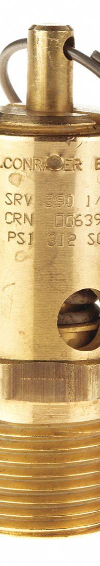 CONRADER Safety Valve: Soft Seat, 1/2 in (M)NPT Inlet (In.), 5/16 in (F)NPT Outlet (In.), Brass (MPN SRV390-1/2-CE-075). Key specifications — attr291993: Soft Seat; attr291998: Brass; attr292007: Silicone; attr292009: Brass; attr294753: CONRADER.