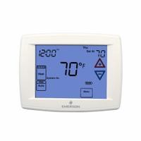 EMERSON Low Voltage Thermostat: Heat and Cool, Auto, 5-1-1/7 Day, Horizontal, Rectangle, Horizontal (MPN 01F95 1277). Key specifications — Application: Heat and Cool; Stages: 2H/2C Conventional, 4H/2C Heat Pump; Programming Capability: 5-1-1; Shape: Rectangle; Terminal Designations: -; Temperature Control Range: 45° to 99°F; Changeover Type: Automatic; Brand: EMERSON.