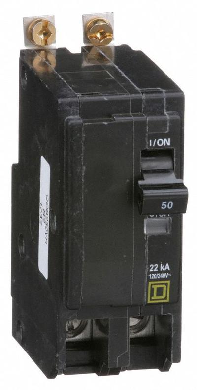 SQUARE D Miniature Circuit Breaker: 50 A, 120/240V AC, Single Phase, 22kA at 120/240V AC - QOB Series, Bolt-On Square D Miniature Circuit Breakers