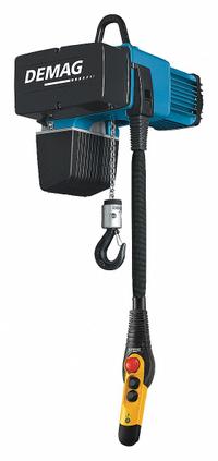 DEMAG Electric Chain Hoist: H4 - Heavy Duty, 230V AC, Hook Mounted - No Trolley, 2 Speeds (MPN DC Com 2-250-1/1 H5 V7.2/1.8-230/60). Key specifications — attr918889: DEMAG; attr918909: Chain Container; attr918925: 230V AC; attr922366: 28 in - 30 in.