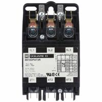 SQUARE D Definite Purpose Contactor: 3 Poles, 208-240V AC, 75 A, Non-Reversing (MPN 8910DPA73RV09). Key specifications — Brand: SQUARE D; Coil Voltage: 220/208-240V AC; Contactor Style: HVACR Definite Purpose Contactor; Terminal Connection Type: Quick-Disconnect Terminals; Maximum Voltage Rating: 600V AC; Series: 8910 Series Type DPA; Phase: Three; Main Pole Contact Form: 3NO.