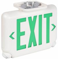 Exit Sign with Emergency Lights: White, 1 or 2 Faces, Green, LED, Ceiling/Wall, Remote Capable (MPN EVCUGWD4). Key specifications — Voltage: 120/277V AC; Self Diagnostics: No; Housing Color: White; Brand: DUAL-LITE; Directional Indicators: Universal Field Selectable Chevrons; Lighting Technology: LED; Remote Capable: Yes; Text Color: Green.
