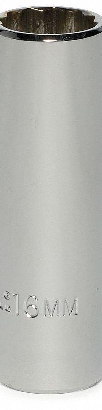 PROTO Socket: Metric, 3/8 in Drive Size, 16 mm Socket Size, 12-Point, Deep, Chrome, Socket (MPN J5016M). Key specifications — attr1204417: PROTO; attr1204392: Chrome.