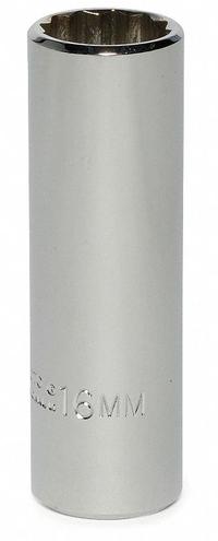 PROTO Socket: Metric, 3/8 in Drive Size, 16 mm Socket Size, 12-Point, Deep, Chrome, Socket (MPN J5016M). Key specifications — attr1204417: PROTO; attr1204392: Chrome.