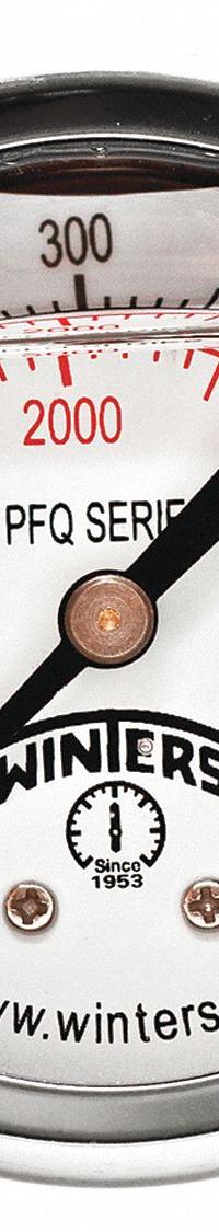 WINTERS Panel-Mount Pressure Gauge: Front Flange, 0 psi to 600 psi, 2 in Dial, 1/4 in NPT Male, PFQ (MPN PFQ2494-DRY-2FF). Key specifications — Accuracy: ±2.5%; Brand: WINTERS; Vibration Resistance Properties: Field-Fillable; Gauge Wetted Parts: Brass / Bronze.