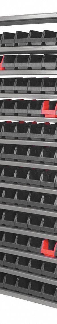 AKRO-MILS Bin Shelving: 36 in x 12 in x 79 in, 1 Sided, 96 Bins, Open, Indicator Bin, Black/Red (MPN AS127936442BK). Key specifications — Includes Bins: Yes; Bin Material: Polymer; Frame Color: Gray; Bin HxWxD: (96) 4 in x 4-1/4 in x 11-5/8 in; 4 in x 6-3/4 in x 11-5/8 in; Frame Material: Steel; Bin Color: Black; Red.