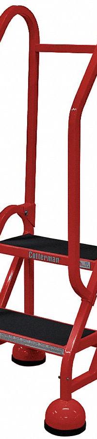 COTTERMAN Rolling Ladder: 1.5 ft Platform Ht, Partially Assembled, Steel, Wt-Actuated Auto-Lock (MPN ST-201 A2 C6 P5). Key specifications — Includes Handrails: Handrails Included; Material: Steel; Brand: COTTERMAN; Color: Red.