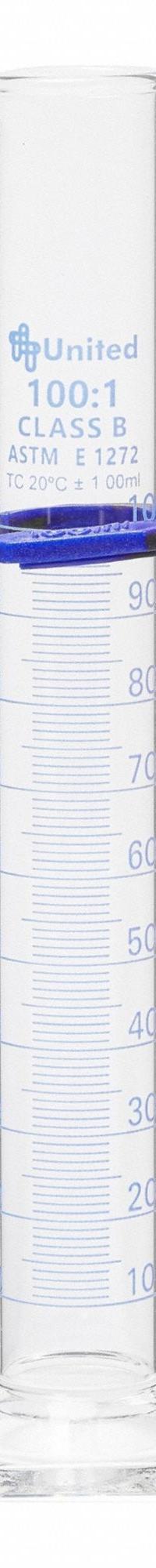 UNITED SCIENTIFIC SUPPLIES INC Graduated Cylinder: 100 mL, A, To Contain (TC), Bumper Included (MPN UNCYLNGB-100). Key specifications — ASTM Specification: E1272; Brand: UNITED SCIENTIFIC SUPPLIES INC; USP Specification: Type I; Closure Included: No; Includes: Bumper.