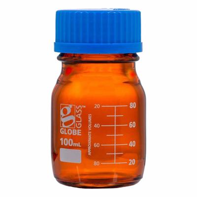 GLOBE SCIENTIFIC Media Bottle: 100 mL, Screw-On, 45 mm, 100 mm, Amber, Closure Included - Glass Lab Media Bottles