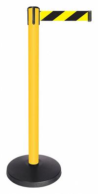 QUEUEWAY Barrier Post with Belt: Black/Yellow, Chevron, No Legend, 10 ft Belt Lg, Yellow (MPN QPLUS-35-D4). Key specifications — Base Material: ABS; Belt Color: Black/Yellow; Brand: QUEUEWAY; Post Material: Metal Alloy; Post Color: Yellow; Message: No Legend.