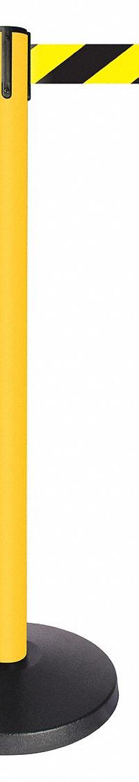 QUEUEWAY Barrier Post with Belt: Black/Yellow, Chevron, No Legend, 10 ft Belt Lg, Yellow (MPN QPLUS-35-D4). Key specifications — Base Material: ABS; Belt Color: Black/Yellow; Brand: QUEUEWAY; Post Material: Metal Alloy; Post Color: Yellow; Message: No Legend.