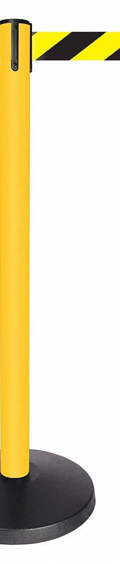 QUEUEWAY Barrier Post with Belt: Black/Yellow, Chevron, No Legend, 10 ft Belt Lg, Yellow (MPN QPLUS-35-D4). Key specifications — Base Material: ABS; Belt Color: Black/Yellow; Brand: QUEUEWAY; Post Material: Metal Alloy; Post Color: Yellow; Message: No Legend.