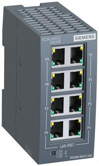 SCALANCE Industrial Ethernet Switch: Unmanaged, DIN Rail, 8 Ports, RJ45, 10/100 Mbit/s, IP20 (MPN 6GK50080BA101AB2). Key specifications — Port Type: RJ45; Manufacturer Part Number: 6GK50080BA101AB2; Brand: SCALANCE; Features: LED Diagnostics; IP Rating: IP20; Maximum Input Voltage: 24V DC; Mounting Location: DIN Rail; Network Interface: 10/100 Mbit/s.
