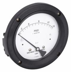 MIDWEST INSTRUMENT Differential Pressure Gauge: Back, 1/4 in NPT Female, Model 142, 4 1/2 in Dial (MPN 142-AC-00-OO-15P). Key specifications — Sensor Type: Diaphragm; Series: Model 142; Housing Material: Aluminum; Certificate of Calibration: Not Included.