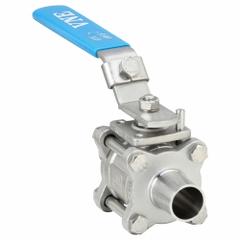 APPROVED VENDOR Manual Two-Way Ball Valve: 2 1/2 in, 316 Stainless Steel, Straight, Three-Piece (MPN E90WW-62.5). Key specifications — Average Surface Roughness (Ra): 20 Ra μ-in; 3-A Compliance: Meets 3A Sanitary Standards; Brand: VNE; Handle: Locking Lever.