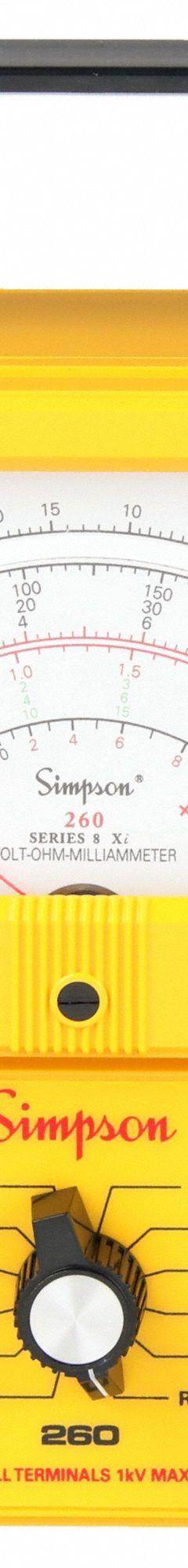 SIMPSON ELECTRIC Analog Multimeter: 1,000 V Max AC Volt Measurement, 1,000 V Max DC Volt Measurement (MPN 260-8XI). Key specifications — Brand: SIMPSON ELECTRIC.