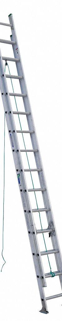 WERNER Extension Ladder: 28 ft Ladder Size, Aluminum, 225 lb Load Capacity, 43 lb Wt, 2 Sections (MPN D1228-2). Key specifications — Color: Silver; Brand: WERNER; Included Features: Rope and Pulley; Removable Fly: Removable.