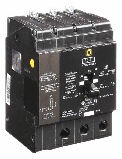 SQUARE D Miniature Circuit Breaker: 30 A, 277/480V AC, Three Phase, 18kA at 277/480V AC - EDB & EGB Series, Bolt-On Square D Miniature Circuit Breakers