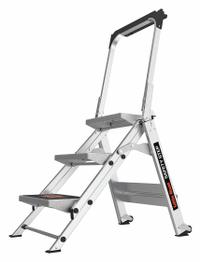 LITTLE GIANT Step Stool: 3 Steps, 3.6 ft Overall Ht, 300 lb Load Cap, Aluminum, 14 in Standing Ht (MPN 10310BA). Key specifications — Brand: LITTLE GIANT; Color: Gray; Includes: Foldable Handrails.
