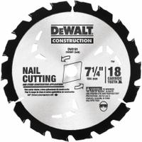 DEWALT Circular Saw Blade: 7 1/4 in Blade Dia., 18 Teeth, 0.07 in Cut Wd, 5/8 in Arbor Size, 10 PK (MPN DW3591B10). Key specifications — attr1116119: DEWALT; attr1145631: Nail-Embedded Wood.