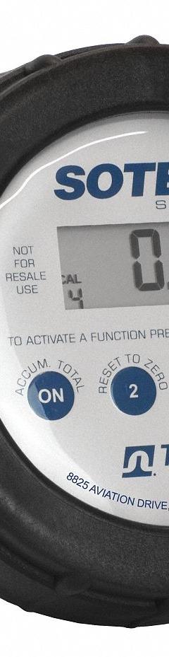 SOTERA Mechanical Flowmeter: Digital Meter, Antifreeze/Fertilizers/Oils/Pesticides/Petroleum Fluids (MPN 825X700). Key specifications — Display Type: Digital; Brand: SOTERA; O-Ring Material: Buna-N; Accuracy: +/-0.5%; Seal Material: Buna-N; Unit Of Measure: Gallons.
