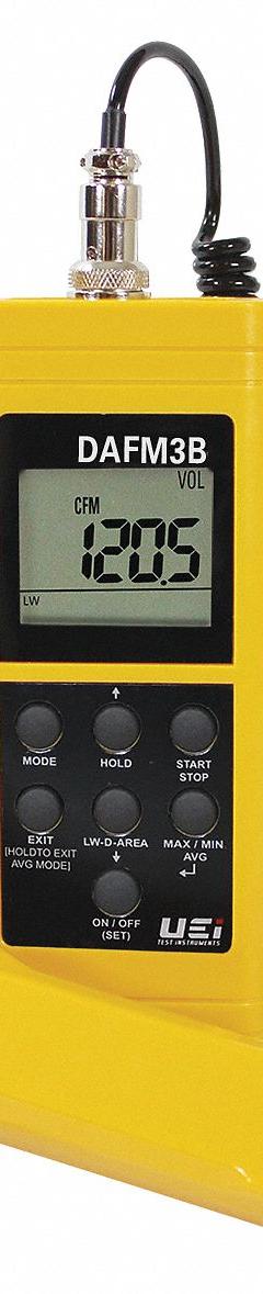 UEI TEST INSTRUMENTS Anemometer: 0.1 fpm Air Velocity Resolution, CFM/Dew Point/Relative Humidity (MPN DAFM3B). Key specifications — Data Logging: No; Manufacturer Part Number: DAFM3B; Brand: UEI TEST INSTRUMENTS; Temperature Accuracy: +/ 1.5°; Digital Display Screen Type: LCD; Display Type: Digital; Includes: Carrying Case; Power Source: Battery.