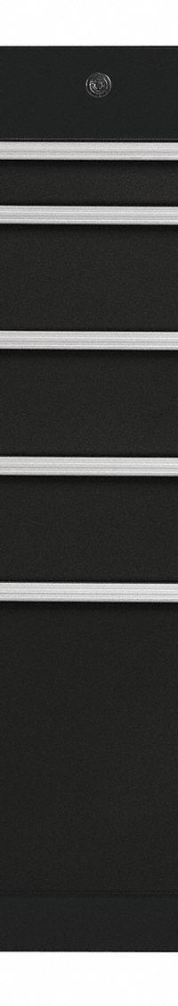 PROTO Side Cabinet: Black, 5 Drawers, Keyed, 19 in W x 25 1/4 in D x 34 in H, Black / Gloss, 550S (MPN J551934-5BK-SC). Key specifications — Brand: PROTO; Drawer Color: Black; Drawer Slide Type: Ball Bearing; Series: 550S; Locking System: Keyed.
