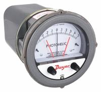 DWYER Differential Pressure Gauge & Switch: Single-Side, 1/8 in NPT Female, ±2% Gauge Accuracy (MPN A3301). Key specifications — Sensor Type: Diaphragm; Series: A3000 Photohelic; Housing Material: Die Cast Aluminum; Certificate of Calibration: Not Included; Gauge Accuracy: ±2%.