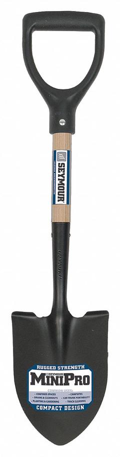 SEYMOUR MIDWEST Round Point Shovel: Steel Blade, 16 ga, D-Grip Handle Type, Wood Handle (MPN 49351GR). Key specifications — Blade Color: Black; Handle Color: Natural; Blade Material: Steel.