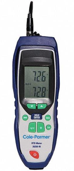 COLE-PARMER NIST-Calibrared RTD Thermometer: -320°F to 1,562°F, 1 Channels (MPN 2025095). Key specifications — Accuracy: ±1.5⁰F (0.8⁰C) from -148 to 392⁰F (-99.9 to 199.9⁰C); Testing Functions: Min/Max Temperature; Brand: COLE-PARMER.